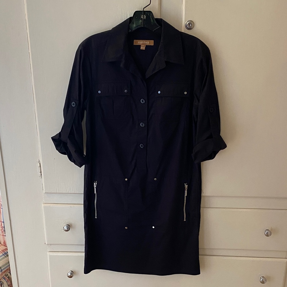 Cotton Ellen Tracy Black Shirtdress Silver Grommets Zipper Pockets Size XS